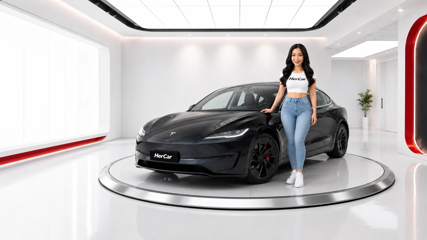 Andrea presenting an electric car in the HerCar showroom
