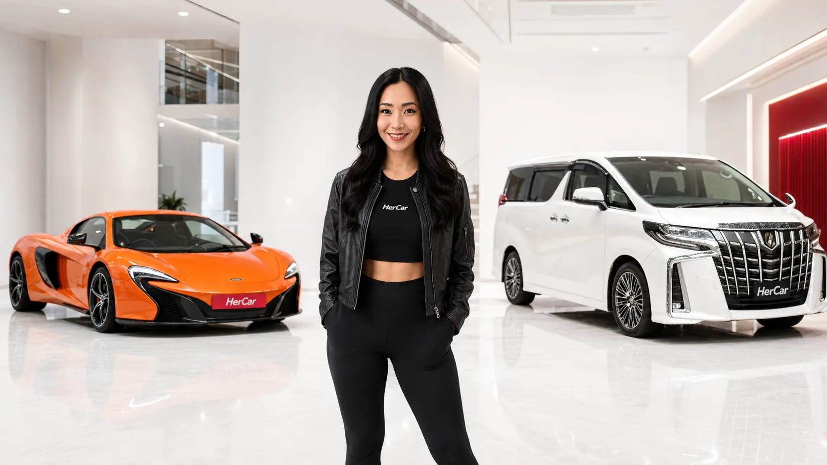 Andrea in the HerCar showroom with different vehicle types